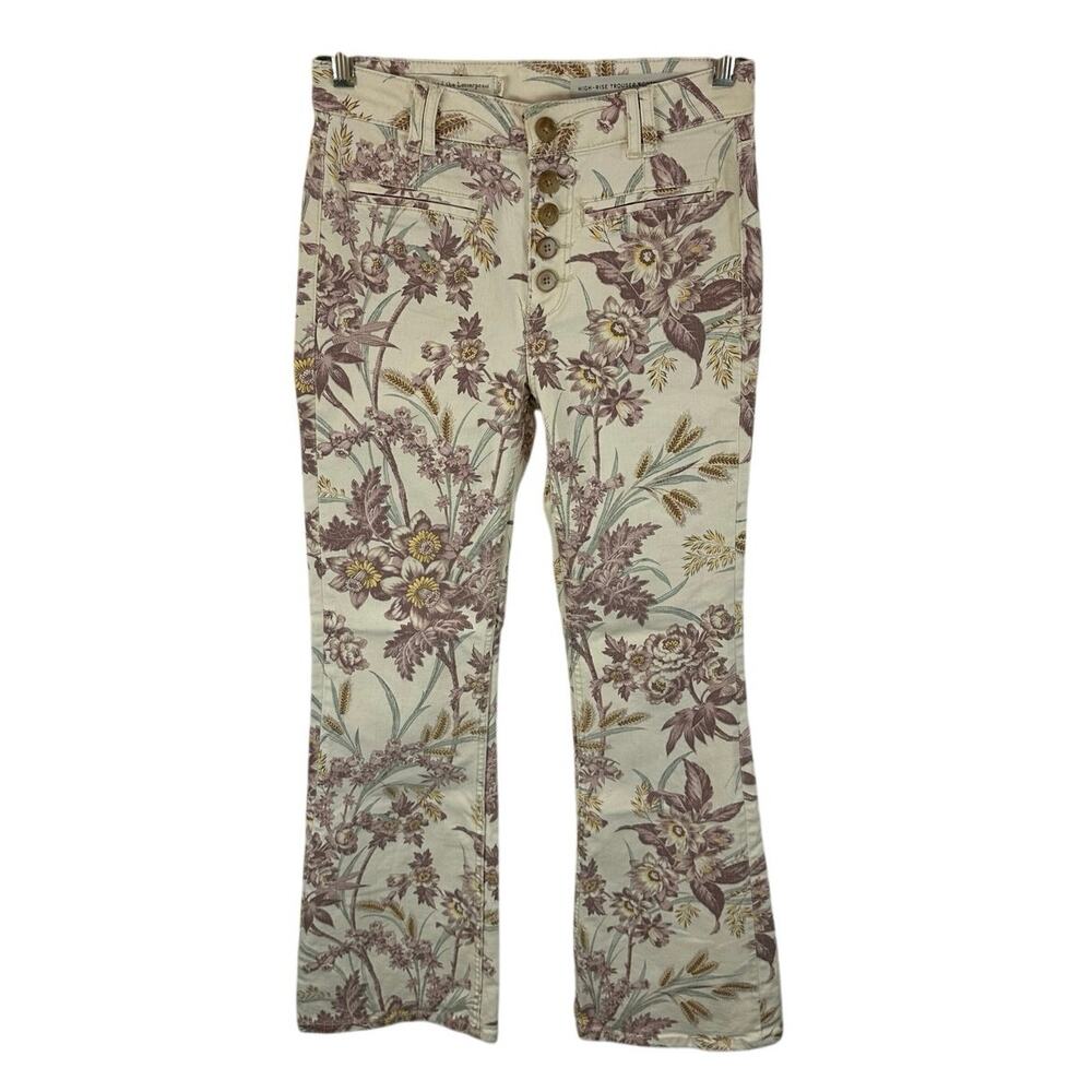 Anthropologie Floral Boot Cut Jeans - Cream and Brown